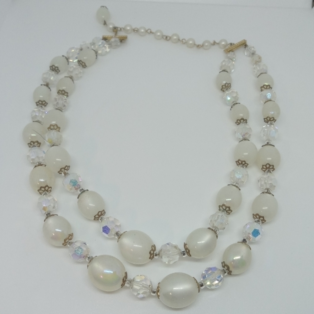 * vintage Marvella double strand moonglow & AB glass bead necklace up to 18"